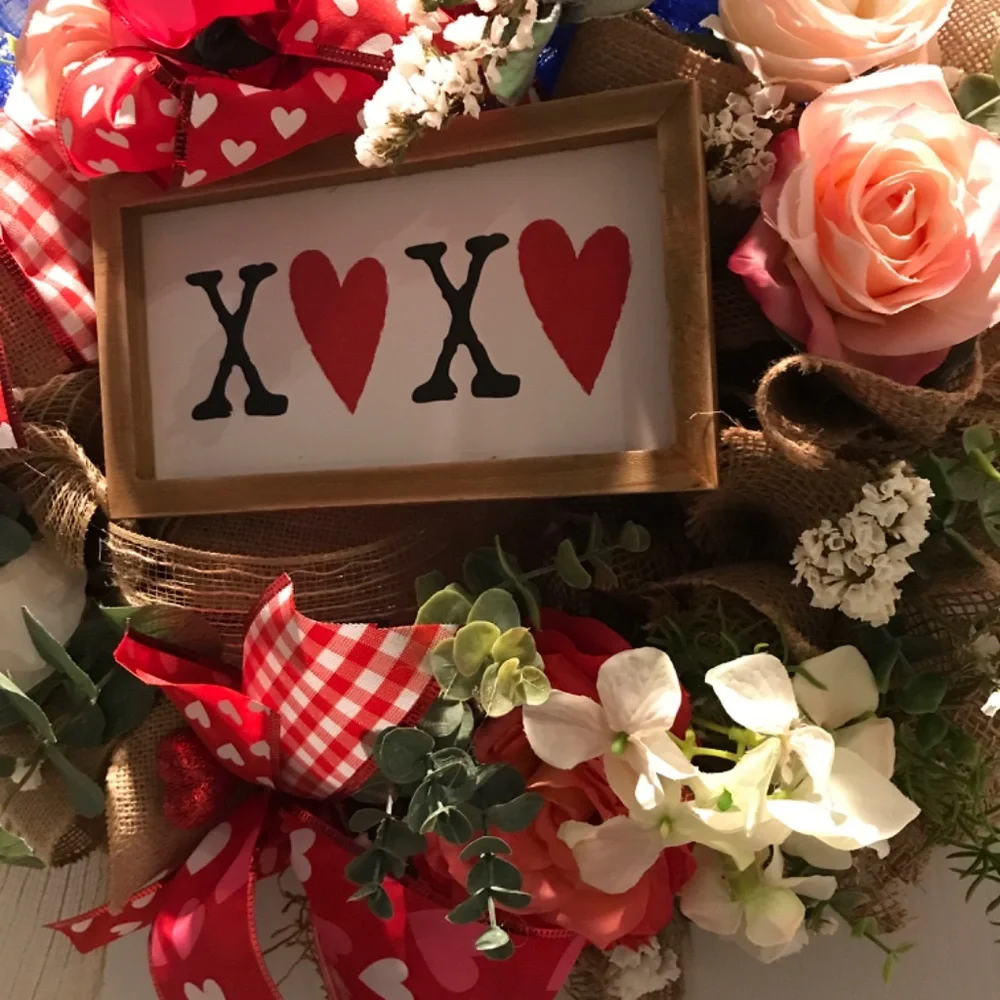 Valentines Wreath Hand Crafted LOVE Burlap Kisses Hugs FINAL SALE